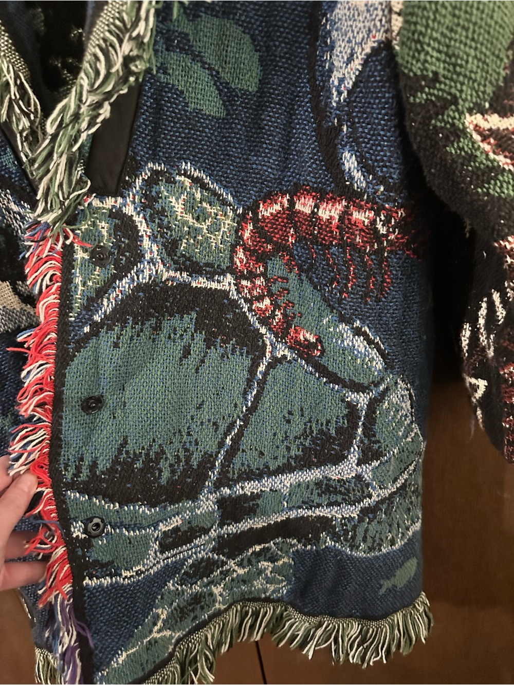 Handmade Fringed Boho Blanket Tapestry Knit Cardigan Blue & Green Animals Sz XL - Picture 5 of 16